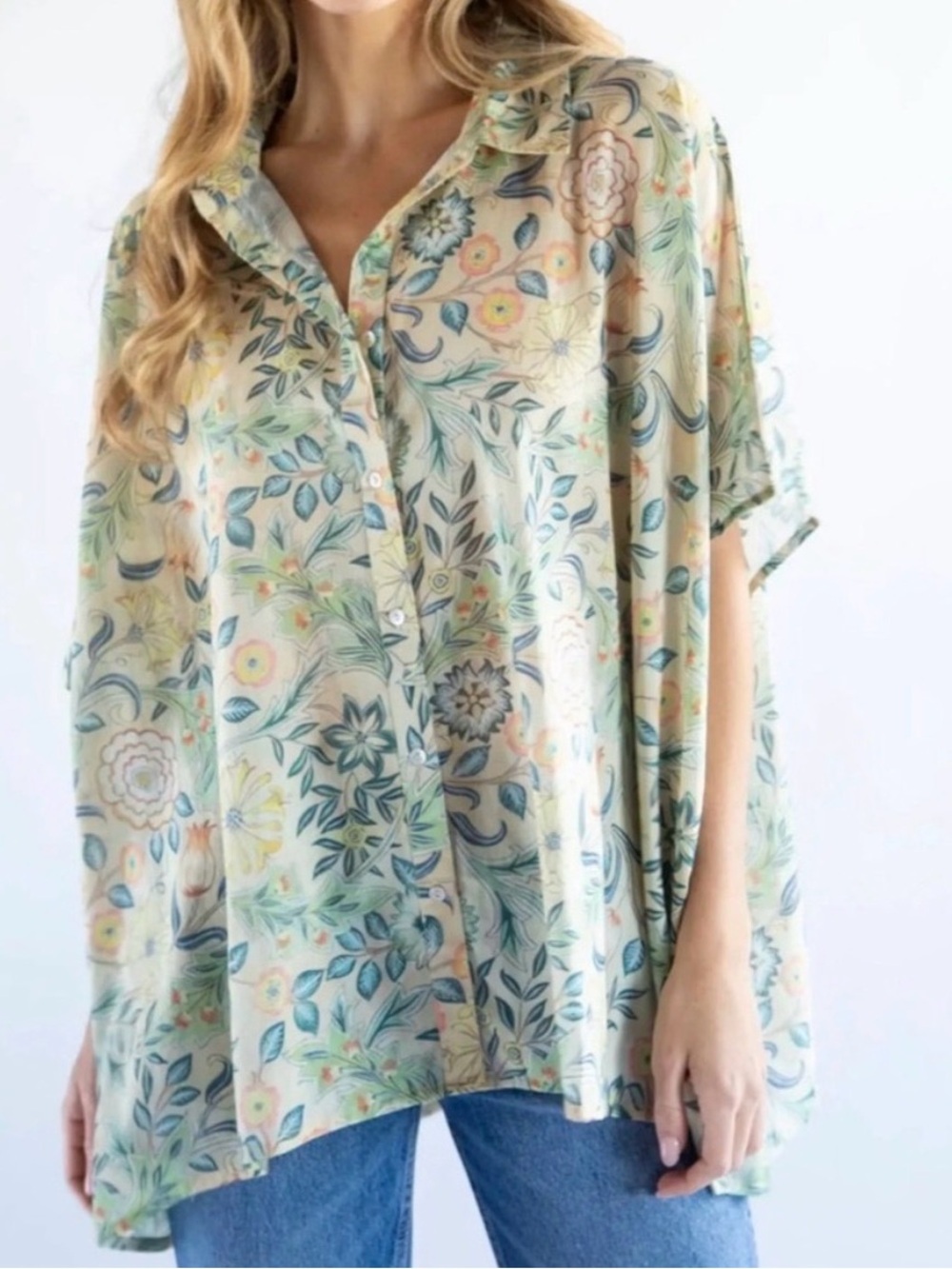 Natural Life Kelly Beige Floral Oversized Cotton Button-down Shirt One Size